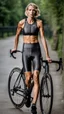 Placeholder: photography of a beautiful anorexic woman, grey satin triathlon top, sports illustrated, blond short wavy bob haircut, pronounced sternum, flat chest, anthracite cycling leggins