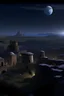 Placeholder: affiche de film d'animation avec au premier plan des ruines, au second plan des plaines et au dernier plan une cité médieval, night rendu 3d semiréaliste