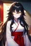 Placeholder: girl, masterpiece, best quality, cinematic lighting, detailed outfit, vibrant colors, perfect eyes, golden eyes, long hair, black hair, messy hair, hair between eyes, indoors, depth of field, ray tracing, miko outfit,