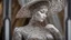 Placeholder: a hollow female figure in made of silver metal lace long renessince dress with hat, hollow metal statue, upscale, stunning, masterpiece, perfect lights, intricately detailed, sharp focus, cinematic