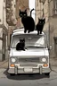 Placeholder: graffiti style, dark colors, two boys and a girl 15 years old, brown hair, black cats, old town, white van in background