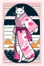 Placeholder: ukiyo-e style print of a white cat with a human body wearing a soft pink yukata and walking by the sea