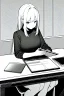 Placeholder: thin hacker girl use a laptop on a table sitting in a cafe, line arts, greyscale