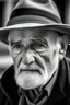 Placeholder: old man with a hat man looking at the front black and white