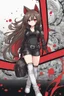 Placeholder: a full-body shot of a woman with long brown hair, red eyes, with a confident, 'bad girl' vibe, striking a pose, wearing black and red leather, ((Chibi anime style)), intricately detailed, detailed splash art background