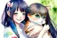 Placeholder: A cute smiling manga girl is holding a kitten. Watercolour