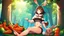 Placeholder: Girl, brown rabbit ears , brown rabbit tail, brown hair, open navel, forest, morning, carrot in hand, sit, , fur on hand and feet.