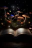 Placeholder: open book, dark backgroung, colourful mushrooms growing on the pages, hyperrealistic, natural colours, fairies, butterflies, string lights