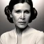 Placeholder: half-length color photography, three-quarter face pose of carrie fisher as Princess Leia with realistic fine and very simple short hair, entrancing deep brown eyes, Intricate, High Detail, Sharp focus, realism, beautiful and detailed lighting, Nikon D850, ef 85mm 5.6 by Annie Leibovitz