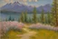 Placeholder: Mountains, lake, flowers, pathway, pine trees, clouds, otto pippel impressionism painting