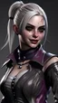 Placeholder: Harley quinn female with black, grey, white, and purple coloration and clothing in a realistic style