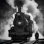 Placeholder: steaming old locomotive facing the camera, fuming ,minimalist, cool, clinical, urban, iconic, conceptual, sparse, black and white