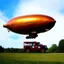 Placeholder: award winning photograph of a steampunk house-fly ufo dirigible designed by only one vehicle per image painted metallic orange traveling at a high rate of speed, jet intake off of front center of vehicle and jet exhaust out the rear bilaterally symetrical,