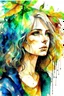 Placeholder: watercolor portrait of a woman, lush hair, rain, flowers, umbrella, autumn, paint blots, splashes, tears, plants, yellow, blue, green, orange colors