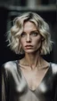 Placeholder: photography of a beautiful anorexic woman, silver satin spaghetti top, sports illustrated, blond short wavy bob haircut, pronounced sternum