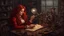 Placeholder: Victorian red long hair woman leaning over a desk, working on a tiny clockwork machine, while looking through a magnifying glass, in a dark laboratory, full of devices and machines