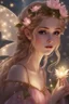 Placeholder: Blonde hair ,Pink dress,Sparkling fairy wings,Very long golden hair,Fairy crown,pointed ears,elven ears,fairy wings,water lilies,sparkling,glittering,flowers,blossoms,golden crown,light pink dress