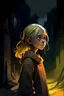 Placeholder: an artistic rough brush-painted cartoony night-time, indoor, waist-high portrait, in the style of Disco Elysium and inspired by the style of Terry Wei, of a Nordic Viking Victorian girl with deep-set eyes, aged 9, with blonde hair, standing in the shadows and looking off in the distance, in Terry Wei style, in the Dishonored style, with vibrant colours and dramatic lighting and a rough digital painterly finish, ar3:5 --v 5