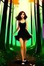 Placeholder: young beatitiful woman, dreamy, small black tube dress with thin black straps, light hearted, drawing, comic style, full body shot, dark auburn hair, slightly curly hair, green eyes, freckles, black high heels, orange autumn forest background, art station