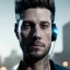 Placeholder: portrait, beautiful male DJ cyborg with headphones Christian Boshell, post-apocalyptic in a cyberpunk city, realistic, intricate detail, sci-fi style, volumetric lighting, particles, highly detailed, cinematic, deep Generate ultra-high-resolution, photorealistic image style of an overwatch character in nightclub.