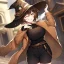 Placeholder: Clear focus, High resolution, short brown spiky hair, hair between eyes, eyes closed, wearing a brown detective hat, wearing a brown jacket and a black shirt, wearing black shorts, 1girl, pulling hat down, smiling