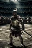 Placeholder: A white male muscular armored Gladiator in the dusty filled arena of ancient Rome . He has a special Celtic armor on. He is wearing no helmet. He has battle scars. He is holding a broadsword.He is victorious over many. He is facing straight ahead. There are body’s of other vanquished gladiators laying lifeless on the ground around him.
