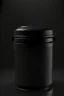 Placeholder: black container, plastic, realism, with screw lid, no labels, round container, view from the front, protein powder, dark studio setting, black background, large container, lid not fully screwed on