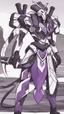 Placeholder: A close picture to Ramattra nemesis form egypt rob in overwatch art style with black and white color and neon purple details in the desert