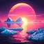 Placeholder: arctic with iceberg, synthwave picture style with light pixel, the sunset on the horizon, with a big pixelated sun and a half moon