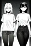 Placeholder: two girls dressed in jeans and a T-shirt walk in the city, line arts, greyscale