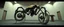 Placeholder: in the style of Escher and Giger and Fallout 4, pinhole cam, airbrush 3d rendering, on tv screen:A five-second cinematic single take in a clean industrial presentation hall. A bizarre mechanically plausible tracked atv machine stands beside a presentation podium, designed to look like a giant mechanical praying mantis. Two large bicycle wheels form its main body and four thin articulated mechanical legs support it. Two long folded mechanical front arms resemble mantis forelegs, huge head and arm