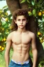 Placeholder: beautiful 12 year old arabic boy with long, blonde curly hair and light blue eyes, smiling, shirtless, in front of a distant mango tree