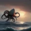 Placeholder: franz frazetta style, dread kraken on the sea, sunrise, open seas, primordial