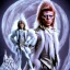 Placeholder: David bowie full body, white snow owl feathery fancy 1700's time period clothes, Jim Henson's The Labyrinth, Jareth the goblin king, crystal balls in hand, wearing spandex grey leggings, huge crotch bulge, labyrinth illusion, floating broken stairs in background, floating broken earth in background, anatomically correct, 8k hyper realistic,80's vibe