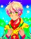 Placeholder: Boy, short white hair, wears a green shirt with yellow stripes, wears a red scarf, has light green eyes, his shirt has a star print, around him, uses star power in his hands, background with various colors and stars, HQ anime manga drawing style