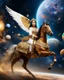 Placeholder: Realistic photography take photoshoot from far, facing front view of a beautiful female angel with dressed in traditional Javanese clothing riding a golden horse-drawn carriage, flying in space, a galaxy surrounded by planets