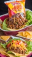 Placeholder: "Taco in a Bag" which consists of an open Doritos chip bag containing Doritos chips and cooked ground beef and lettuce and shredded cheese and tomato pepper and onions and more nacho chips, food blogger photography