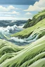 Placeholder: landscape of waves and a grassy cliff with tall grass in the style of hirohiko araki