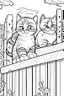 Placeholder: coloring page for kids, Cats on a fence, cartoon style, thick lines, low detail, no shading