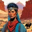 Placeholder: create an portrait of a nomadic shepherdess with highly detailed feminine facial features, inhabiting an ethereal desert canyon land in the comic book style of Jean Giraud Moebius, David Hoskins, and Enki Bilal, precisely drawn, boldly inked, with vibrant colors