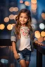 Placeholder: Little 6 years old beautiful girl perfect face,1girl wearing a pretty shirt and jean pant, standing pose,modern city ,night view