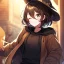 Placeholder: Clear focus, High resolution, short brown spiky hair, hair between eyes, eyes closed, wearing a brown detective hat, wearing a brown jacket and a black shirt, wearing black shorts, 1girl, pulling hat down, smiling, wearing a oversized hoodie