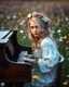 Placeholder: Beautiful face blond adorned sit on chair wood and playing piano in Realistic photography of a field of wildflowers, soft natural lighting, vibrant colors, intricate details,peaceful and serene atmosphere.