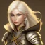 Placeholder: D&D cleric, female, platinum blonde hair, golden eyes, smiling, teal armor