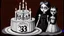 Placeholder: draw a birthday cake with logo number 23 or one candle 23 .Insanely detailed Addams Family movie still with Barbie dolls, art by tim burton