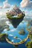 Placeholder: Fantasy World floating in the sky with islands connected with bridges Disney version with 4 Islands floating with a BIG CITY avatar