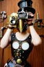 Placeholder: Steam-punk style random-mask. Large fencing mask covers cheeks. Trim girls. Reflective white plastic skin. Camera lenses as eyes. Head full of integrated old-fashioned cameras. Golden to cyan surfaces body, latex. Perfect body, thick thighs and calves. Asa Akira. SElfie with old-fashioned cameras in both hands. Wide hip, skirt bleats nicely. Camera at mons veneris. Partly symmetrical. Cameras hanging on wide plastic belt. Euclidean 3D-tiling walls. surrealistic. surveillance walls