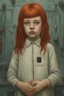 Placeholder: Little girl with red hair in Cyberpunk wunderkammer painted by Magritte, unsane details, soft colors