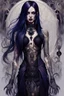 Placeholder: illustrration of a woman with dark purple-black long hair and black tattoos on her body, a cold, indifferent expression, silver and black onyx jewelry, black lace dress, cybernetics, crepy stunning anthropomorphic female, Minjae Lee vibe, cbybernetic and etheral human, ancient deity, by Vincent Lefevre and Yoshitaka Amano, stunning