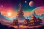 Placeholder: space western town with a large tower in a sci-fi world with planets in the sky psychedelic